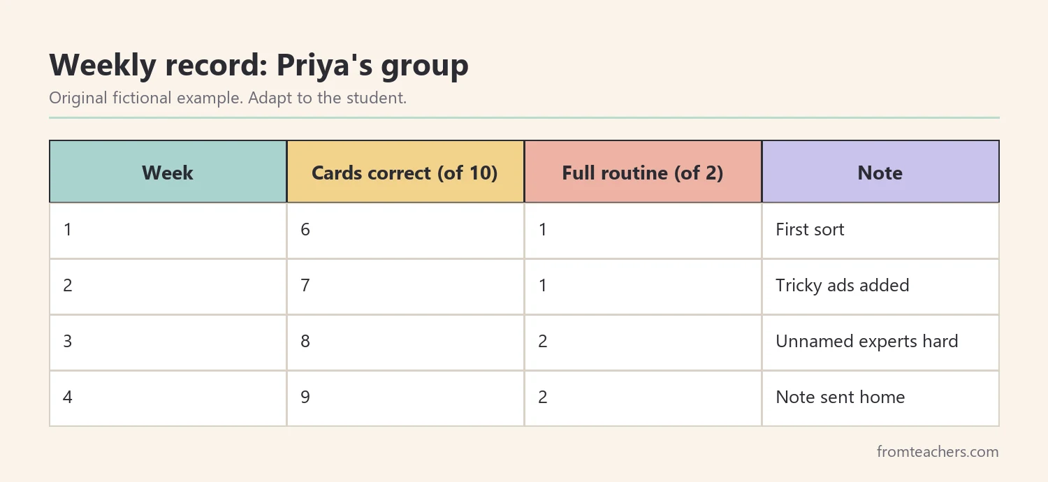 Table of four weeks of fictional data showing cards sorted correctly out of ten and scenario routine use