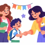 Illustration for meet the teacher night: a mother and her son shaking hands with a smiling teacher in a decorated classroom while holding a small folder