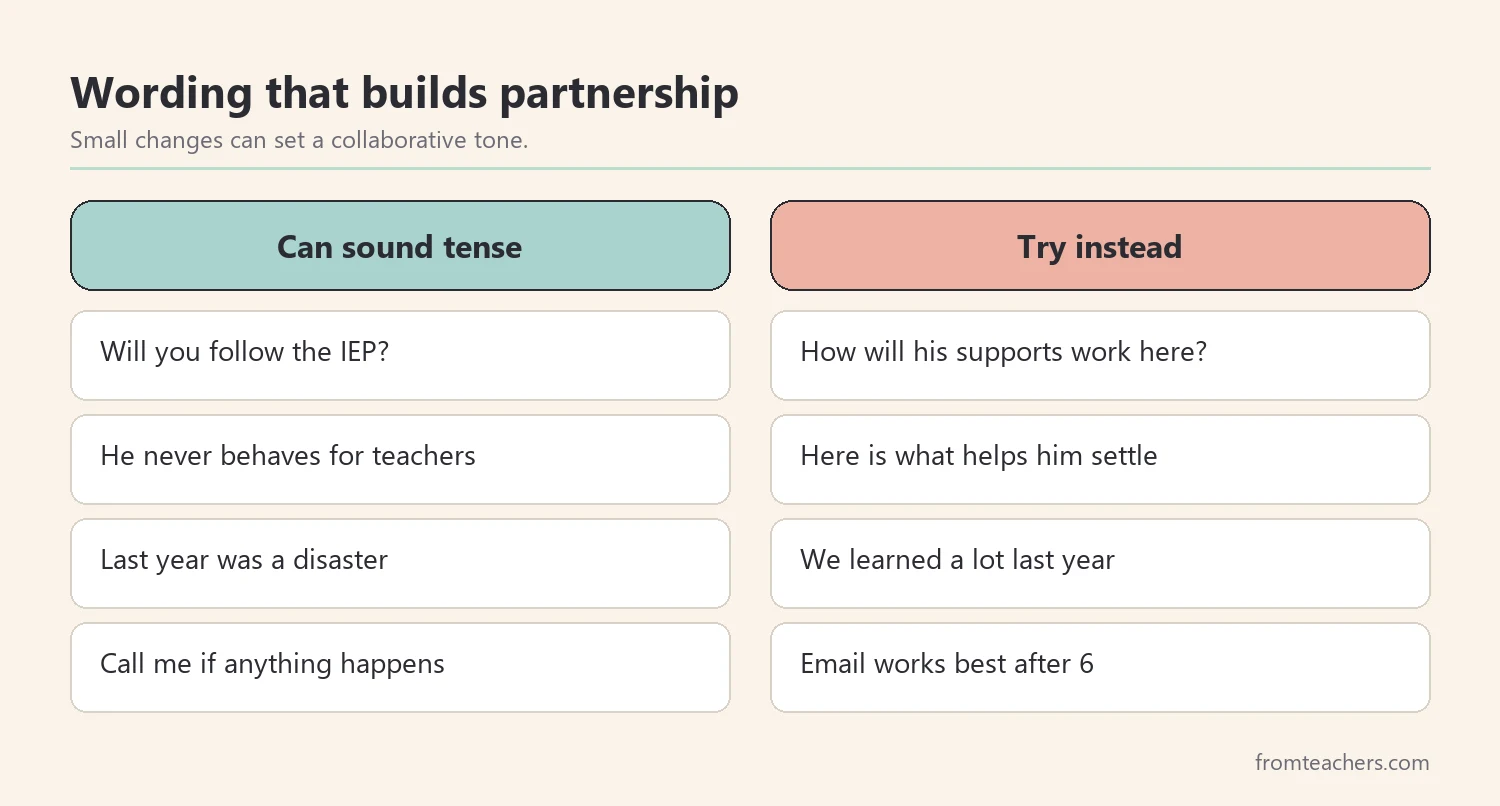 Comparison of phrases that can sound tense and calmer alternatives to use with a new teacher