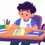 Illustration for memory aids for students: a boy checking off numbered steps on a sticky note at his desk while a small backpack sits beside his chair