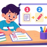 Illustration for memory overload in students: a boy at a desk ticking a short task card while numbered steps are written on the board behind him