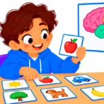 Child practicing memory strategies for kids with picture cards