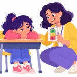Illustration for mental fatigue in students: a tired girl resting her head on her arms at a desk while a teacher kneels beside her holding a small energy check card