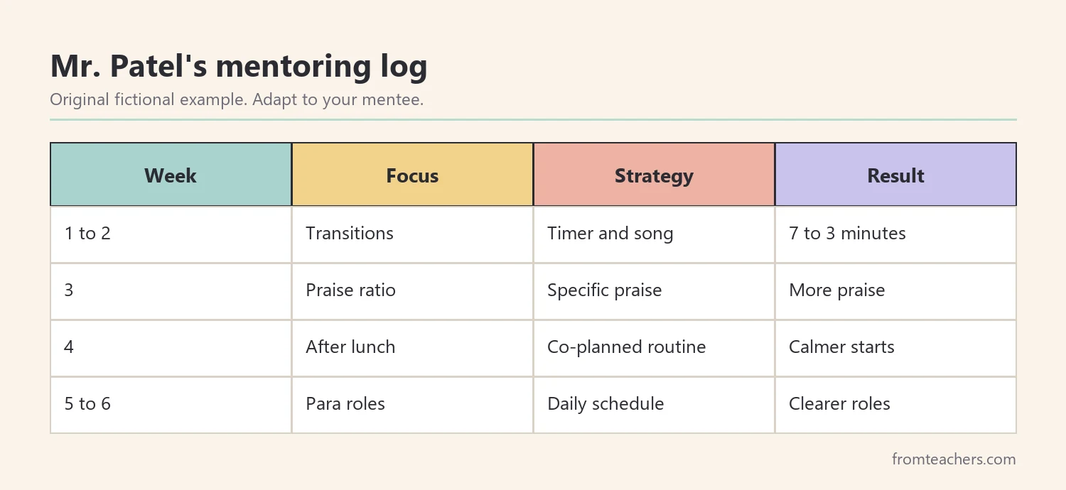 Data table of a fictional six-week mentoring log with focus, strategy and result