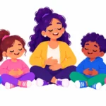 Illustration for mindfulness steps: a small group of children sitting cross-legged on a classroom rug with hands on their bellies, breathing slowly beside a teacher
