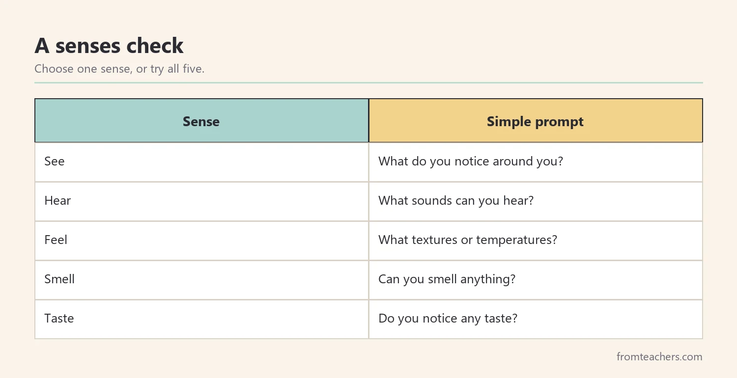 Table of the five senses with a simple classroom prompt for each