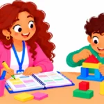 Illustration for modified lesson plan: a special education teacher at a desk highlighting a lesson plan while a student builds a simple model nearby