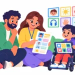 Illustration of a parent and a teacher sharing a one-page student profile beside a child using a wheelchair and a communication device
