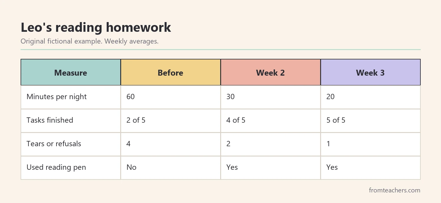 Data table of a fictional third grader's reading homework minutes and completed tasks before and after new supports