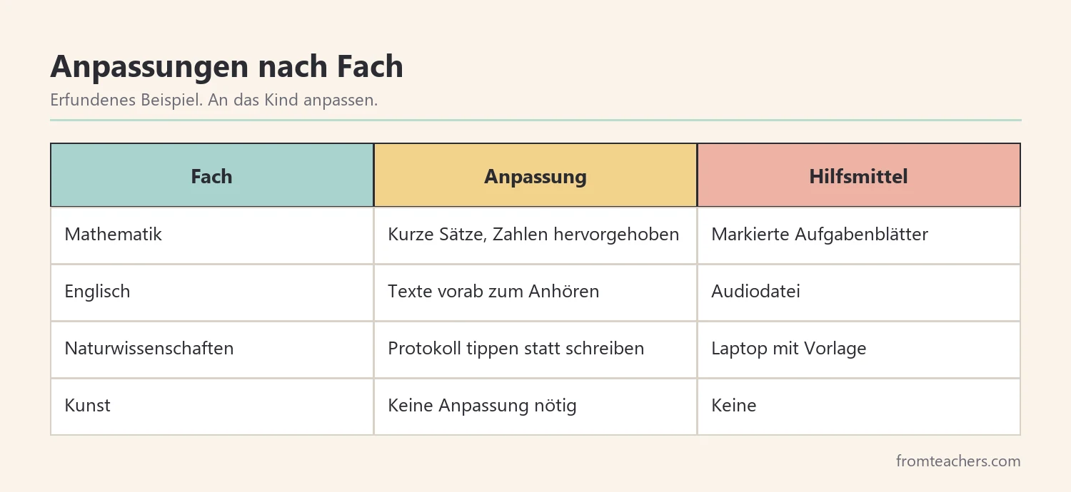 Tabelle mit Anpassungen für Noah in Mathematik, Englisch, Naturwissenschaften und Kunst