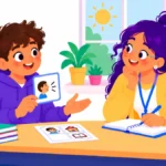 Illustration for neurodivergent self-advocacy: a teenage student calmly explaining something to a teacher across a desk, holding a simple card, with a sunny window and plants in the background