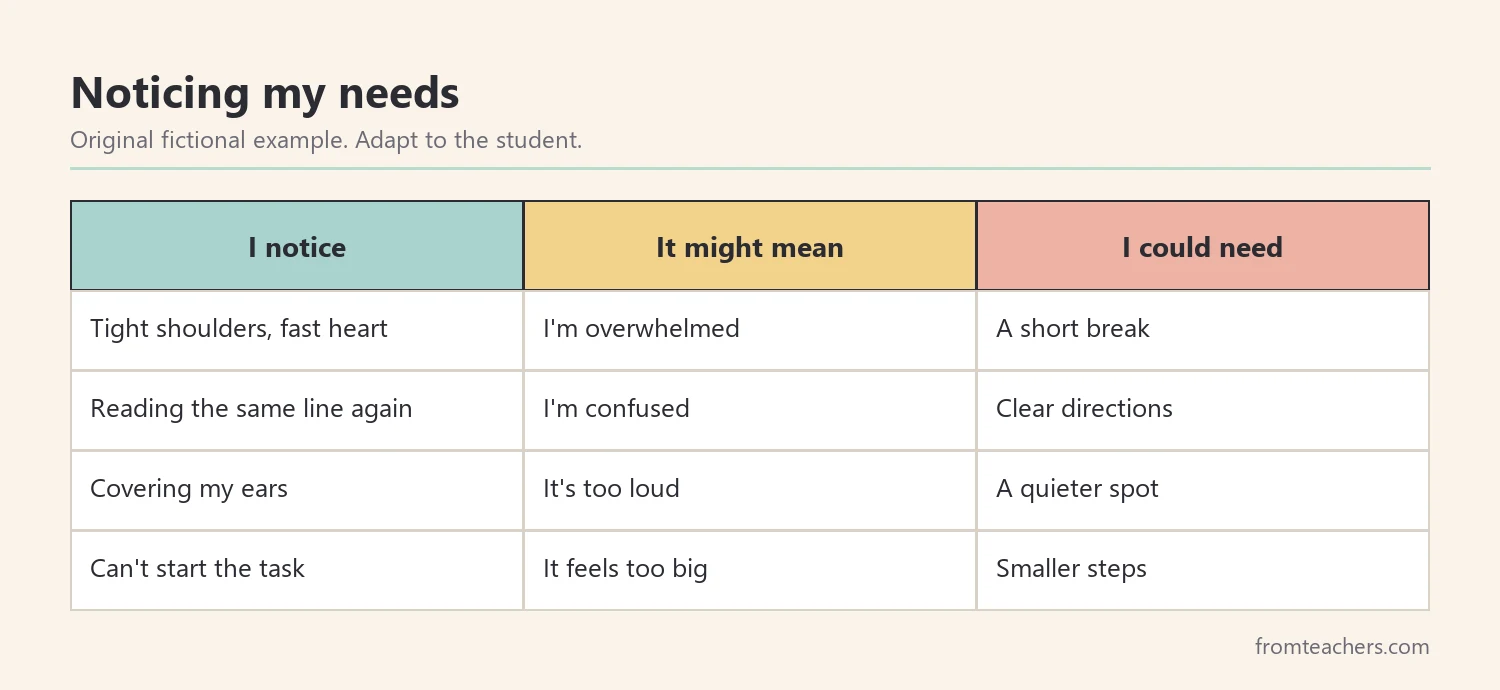 Table linking what a student notices in their body to what it might mean and what they could need