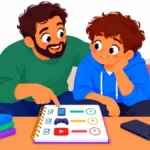 Parent and teen talking about neurodivergent teens screen time on a couch