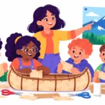 Illustration for New Hampshire facts: children making a paper birch bark canoe while a teacher points at the White Mountains poster