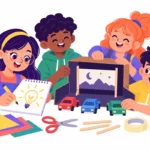 Illustration for New Jersey facts: a girl drawing a lightbulb while classmates build a tiny drive-in movie screen from a shoebox