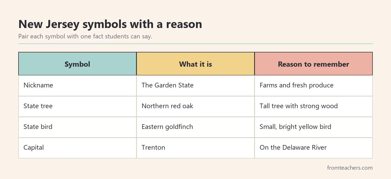 Table of New Jersey symbols with a short reason students can remember for each one