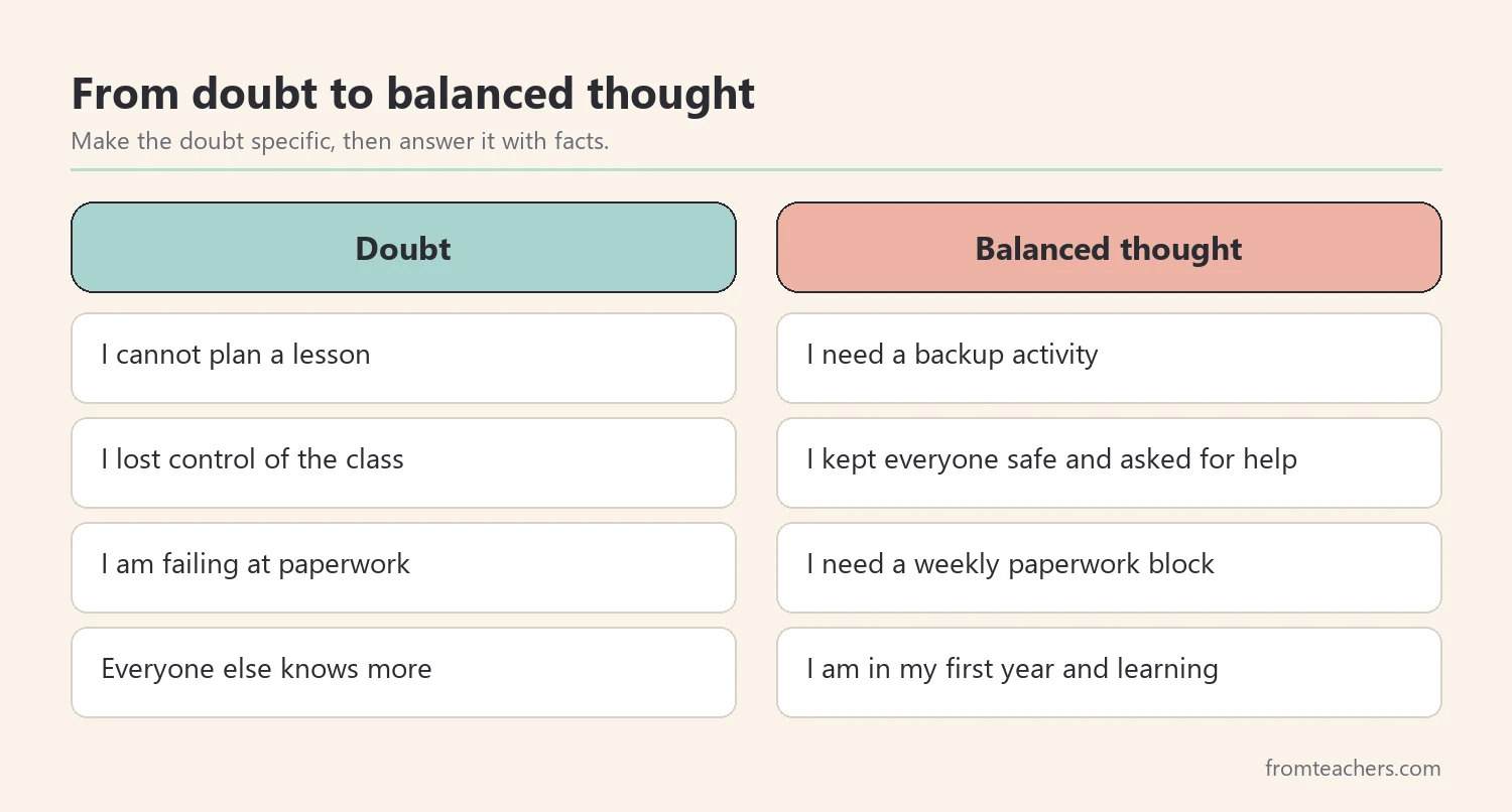 Comparison of common self-doubt thoughts and balanced reframes for teachers