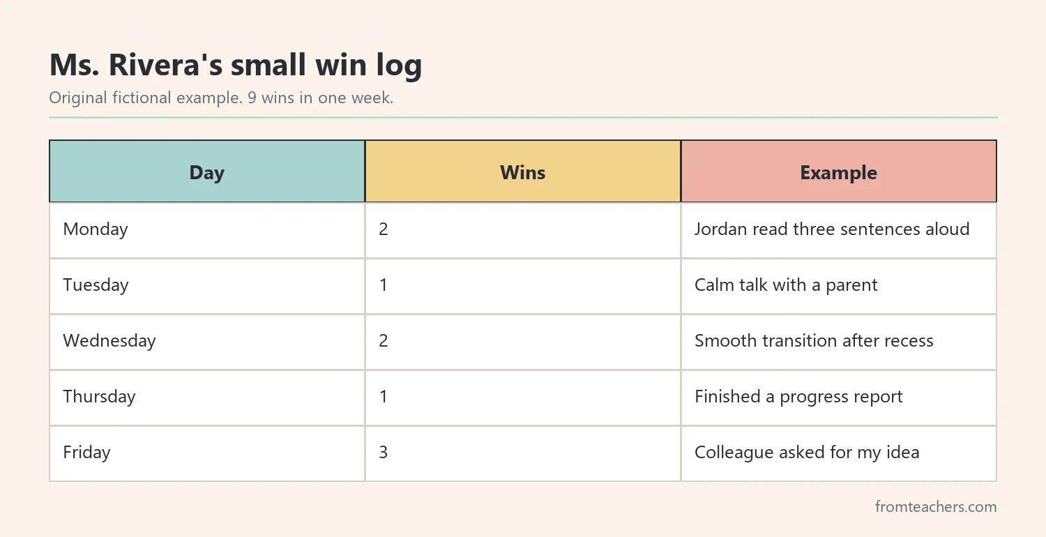 Table of a fictional teacher's small wins logged over one week