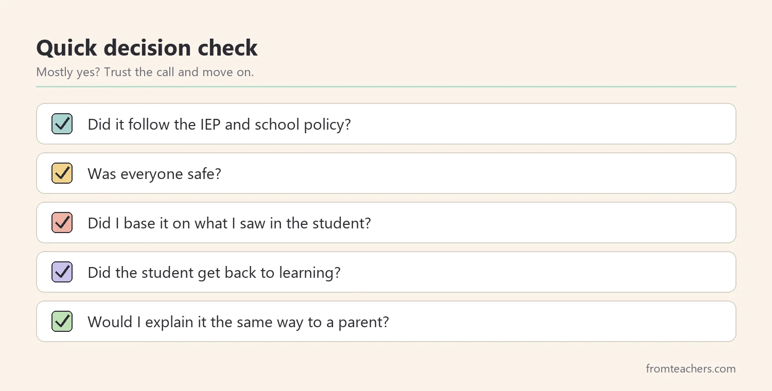 Checklist of questions to check a classroom decision
