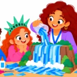 Illustration for New York facts: students wearing paper Statue of Liberty crowns while a teacher pours blue paper strips down a Niagara Falls model