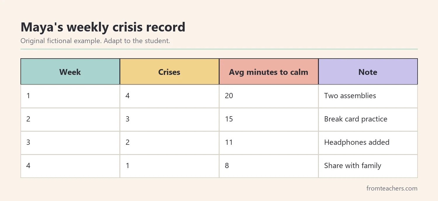 Table of four weeks of fictional data showing number of crises and minutes to calm for a student
