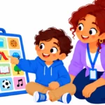Illustration for nonverbal autism communication: a teacher kneeling beside a smiling boy who points at a picture card on a communication board