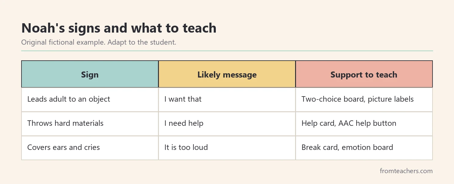 Table of a fictional child's communication signs, the likely message behind each, and a matching visual or AAC support