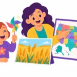 Illustration for North Dakota facts: a girl spinning a paper pinwheel beside a wheat field poster while a teacher points at Fargo on a map