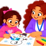 Number recognition worksheets: a kindergarten girl coloring numbers on a snowman worksheet while her teacher points to the number on the page