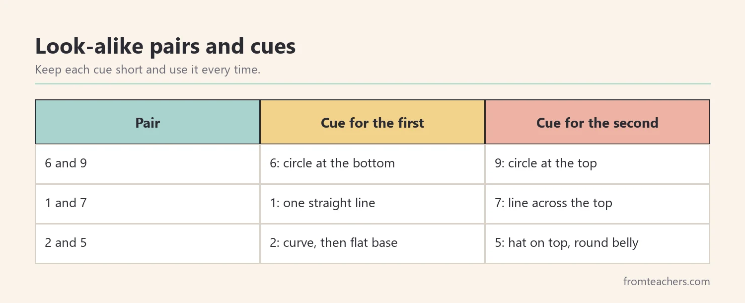 Table of three look-alike number pairs with a short verbal cue for telling each pair apart