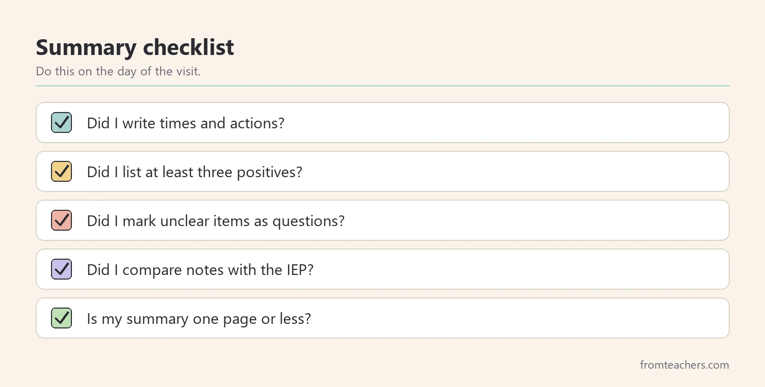 Checklist of five steps for turning classroom visit notes into a summary