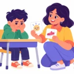 Illustration for ODD behavior management: a calm teacher kneeling beside an upset boy at his desk and offering him two choice cards