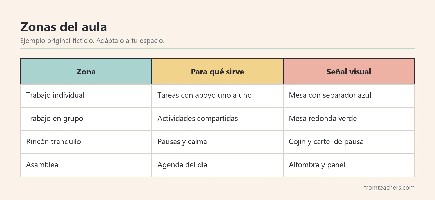 Tabla ficticia de las zonas de un aula específica, su función y su señal visual