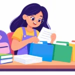 Illustration for organizational skills: a middle school student filing papers into color-coded folders at a neat desk with a backpack and a small alarm clock nearby
