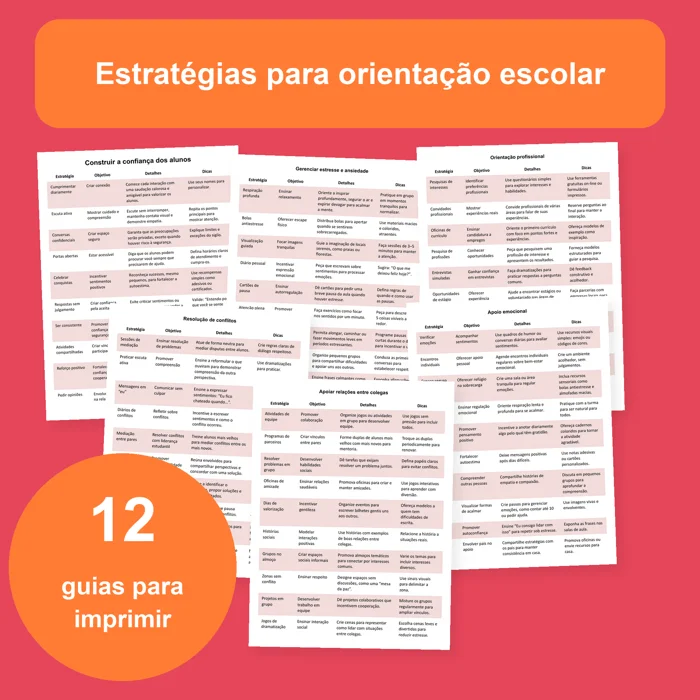 Capa do material de orientação escolar com 12 tabelas de estratégias de apoio aos alunos