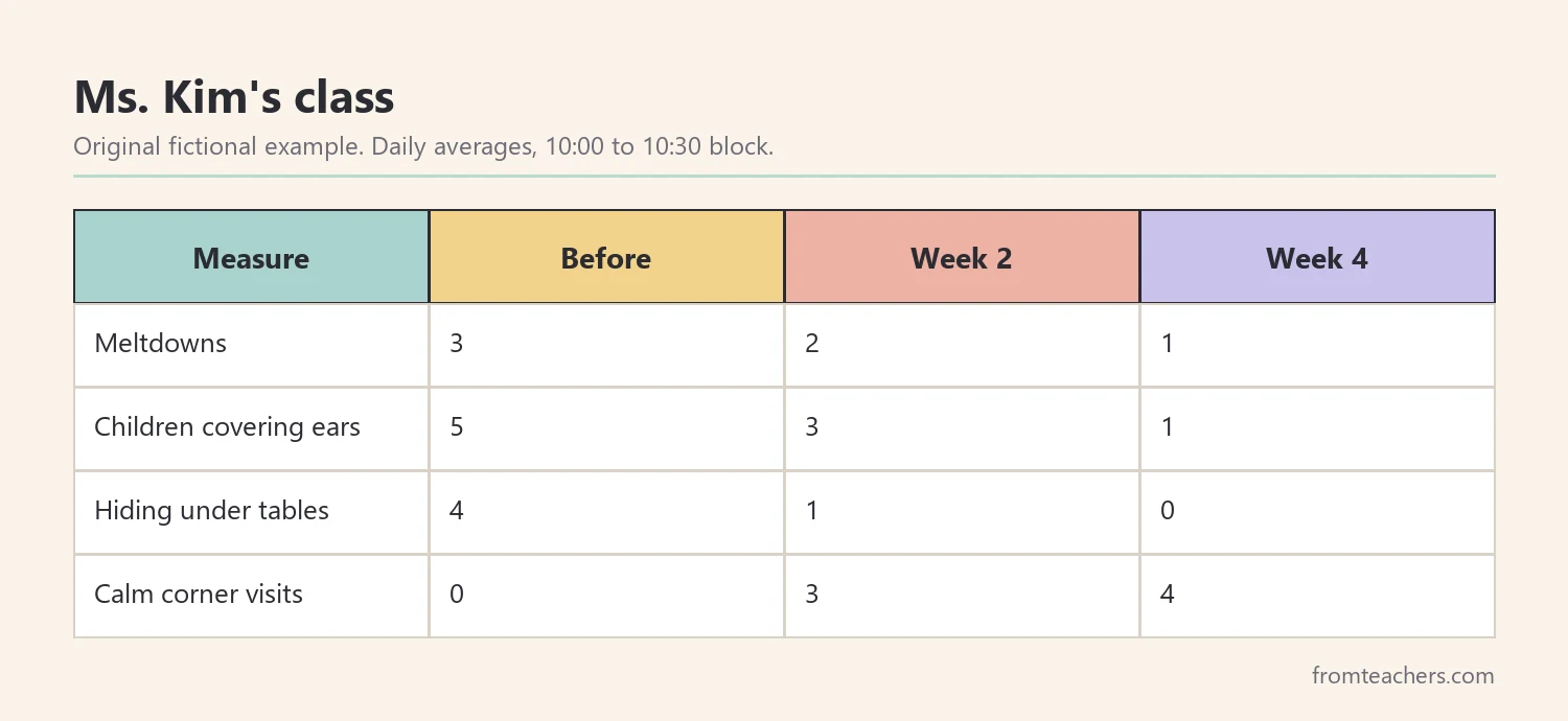 Data table of a fictional kindergarten class before and after reducing an overstimulating classroom