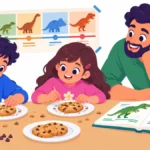Illustration of two homeschool siblings carefully digging chocolate chip fossils from cookies with toothpicks