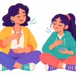 Illustration for panic attack coping strategies: a counselor sitting beside a teenage girl and breathing slowly together while she holds a smooth stone