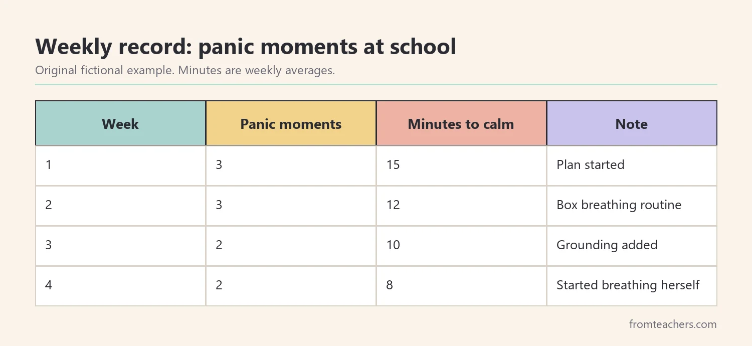 Table of four weeks of fictional data showing panic episodes and minutes to calm