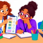 Illustration for paraprofessional training: a teacher showing a paraprofessional a prompting chart while a student works quietly at a nearby table