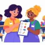 Teacher coaching an aide with paraprofessional training scripts in a classroom
