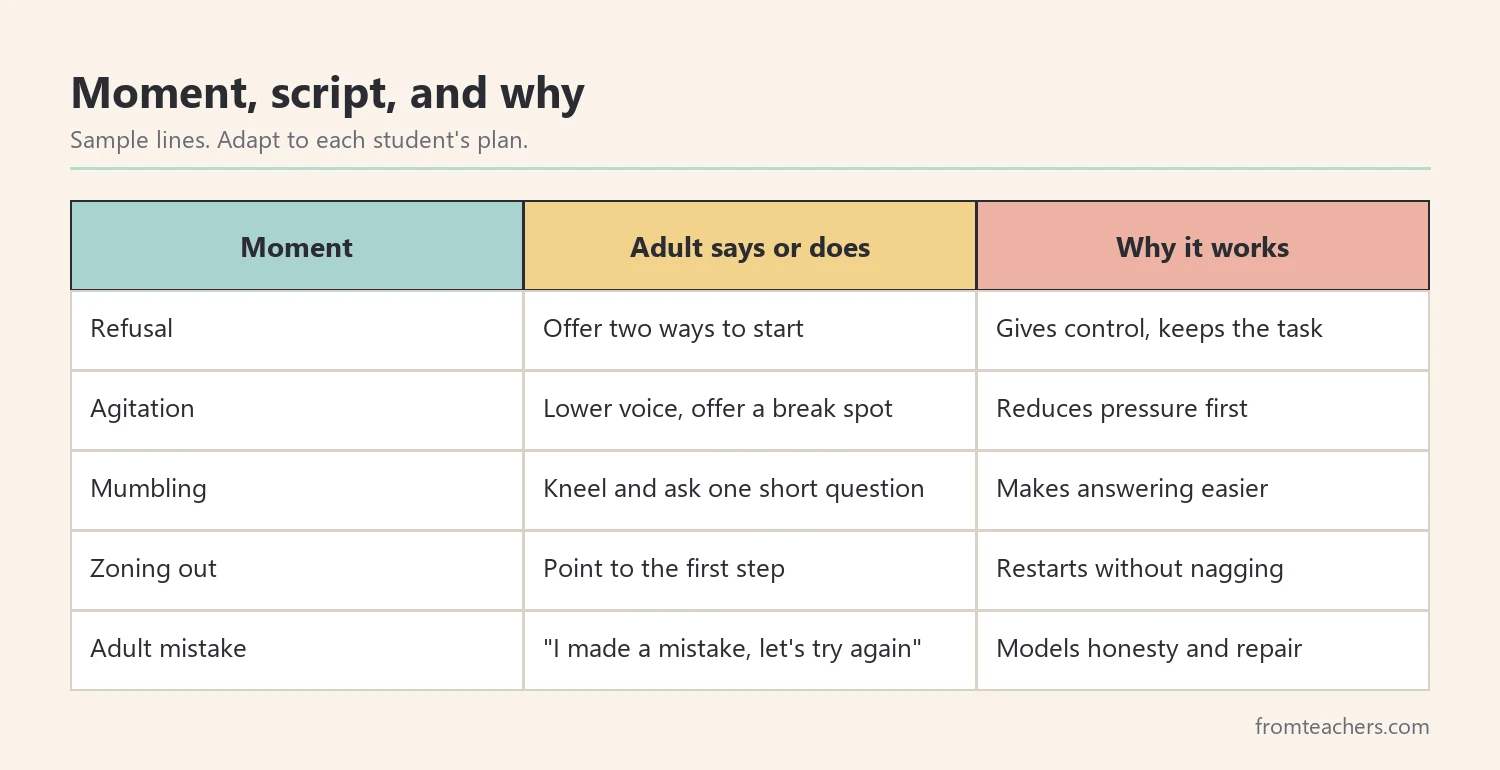 Table pairing common classroom moments with a short script and the reason it works