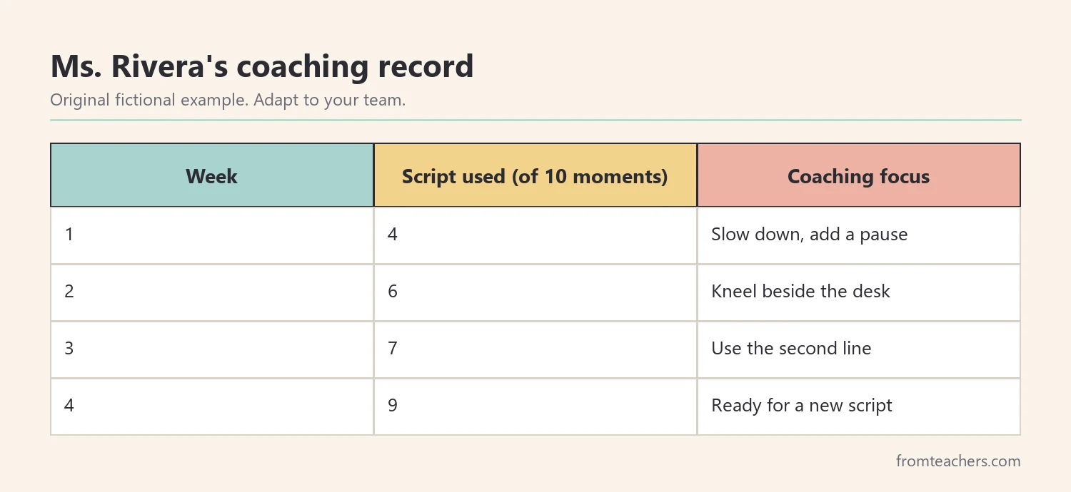 Table of four weeks of fictional coaching data showing scripted responses out of ten observed moments