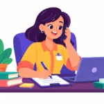 Illustration for parent contact log template: a teacher at her desk writing notes on a clipboard while talking on the phone with a smile