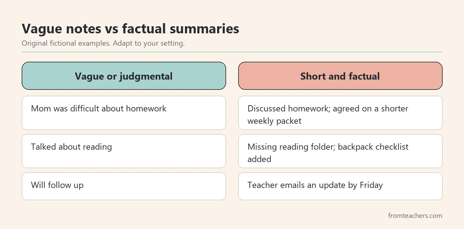 Comparison of vague and factual summaries in a parent contact log template