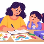 Illustration for parent input statement: a mother writing notes at a kitchen table with her child's drawings and school folder beside her