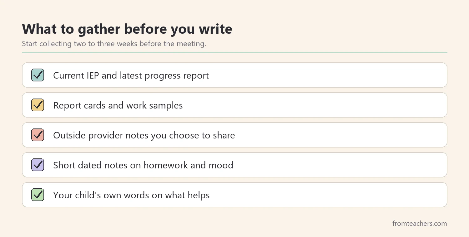 Checklist of documents and notes to gather before writing a parent input statement