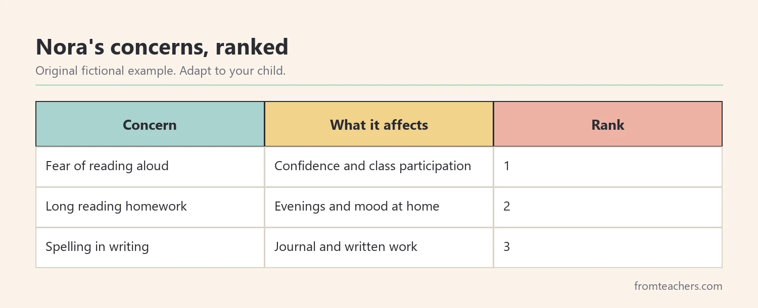 Table ranking a fictional child's concerns by impact and turning the top ones into priorities
