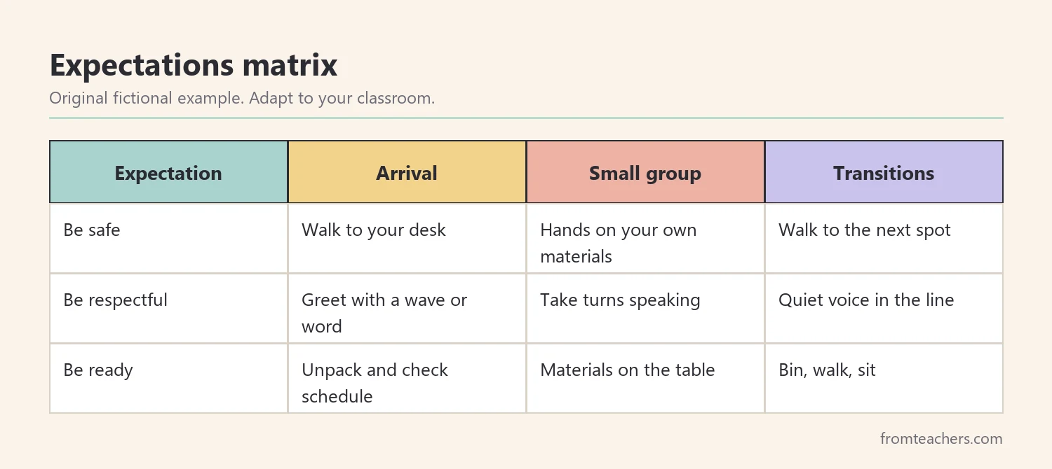 Matrix showing what be safe, be respectful, and be ready look like during arrival, small group, and transitions
