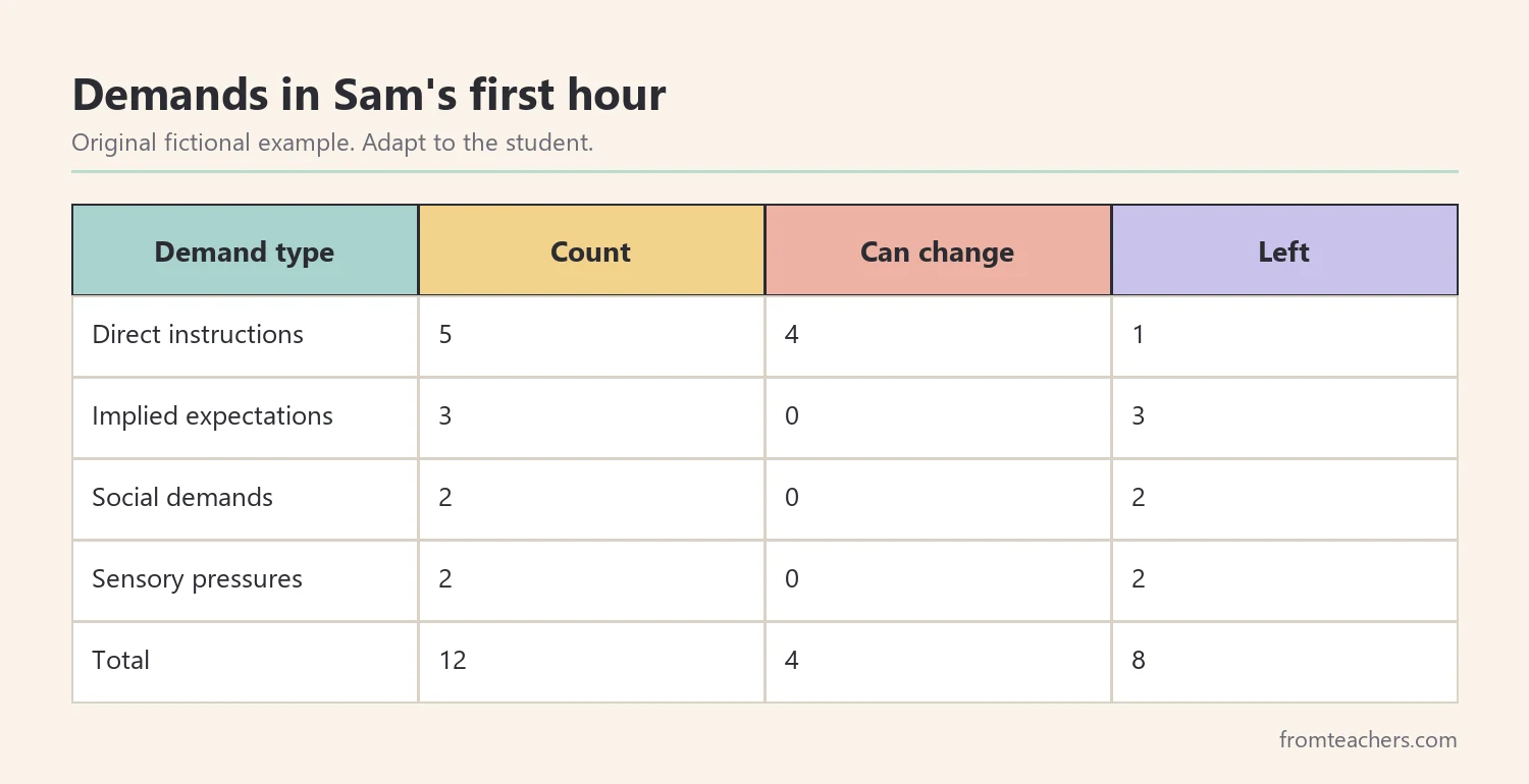 Fictional count of demands in one hour, sorted by type